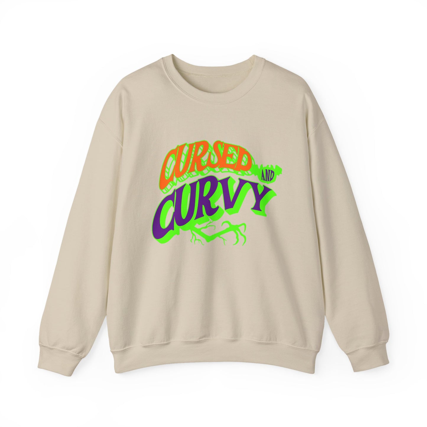Cursed & Curvy Crewneck Sweatshirt, Comfortable Unisex Pullover, Trendy Casual Wear, Perfect for Halloween, Gift for Plus Size Lovers