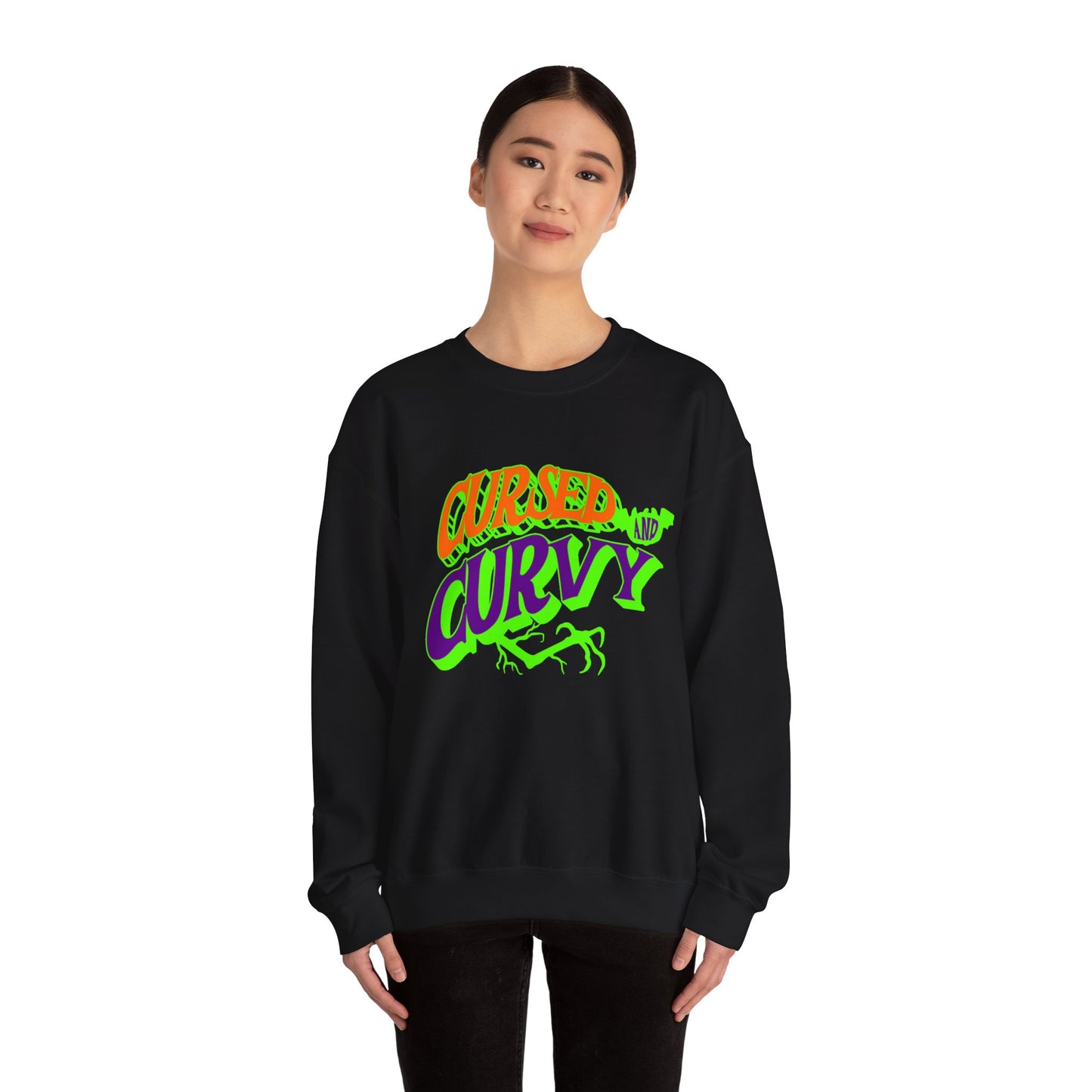 Cursed & Curvy Crewneck Sweatshirt, Comfortable Unisex Pullover, Trendy Casual Wear, Perfect for Halloween, Gift for Plus Size Lovers
