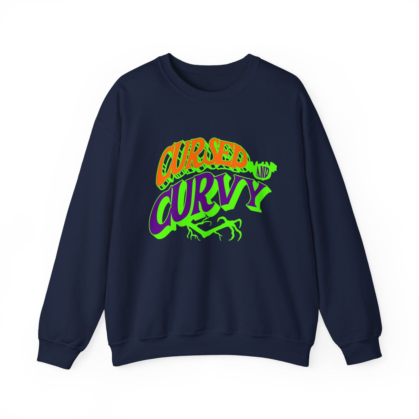 Cursed & Curvy Crewneck Sweatshirt, Comfortable Unisex Pullover, Trendy Casual Wear, Perfect for Halloween, Gift for Plus Size Lovers