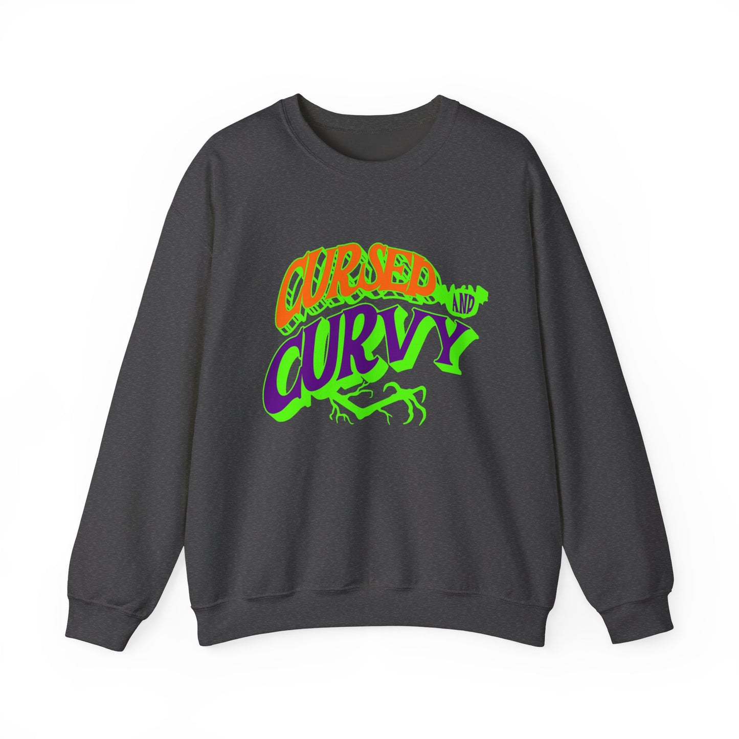 Cursed & Curvy Crewneck Sweatshirt, Comfortable Unisex Pullover, Trendy Casual Wear, Perfect for Halloween, Gift for Plus Size Lovers