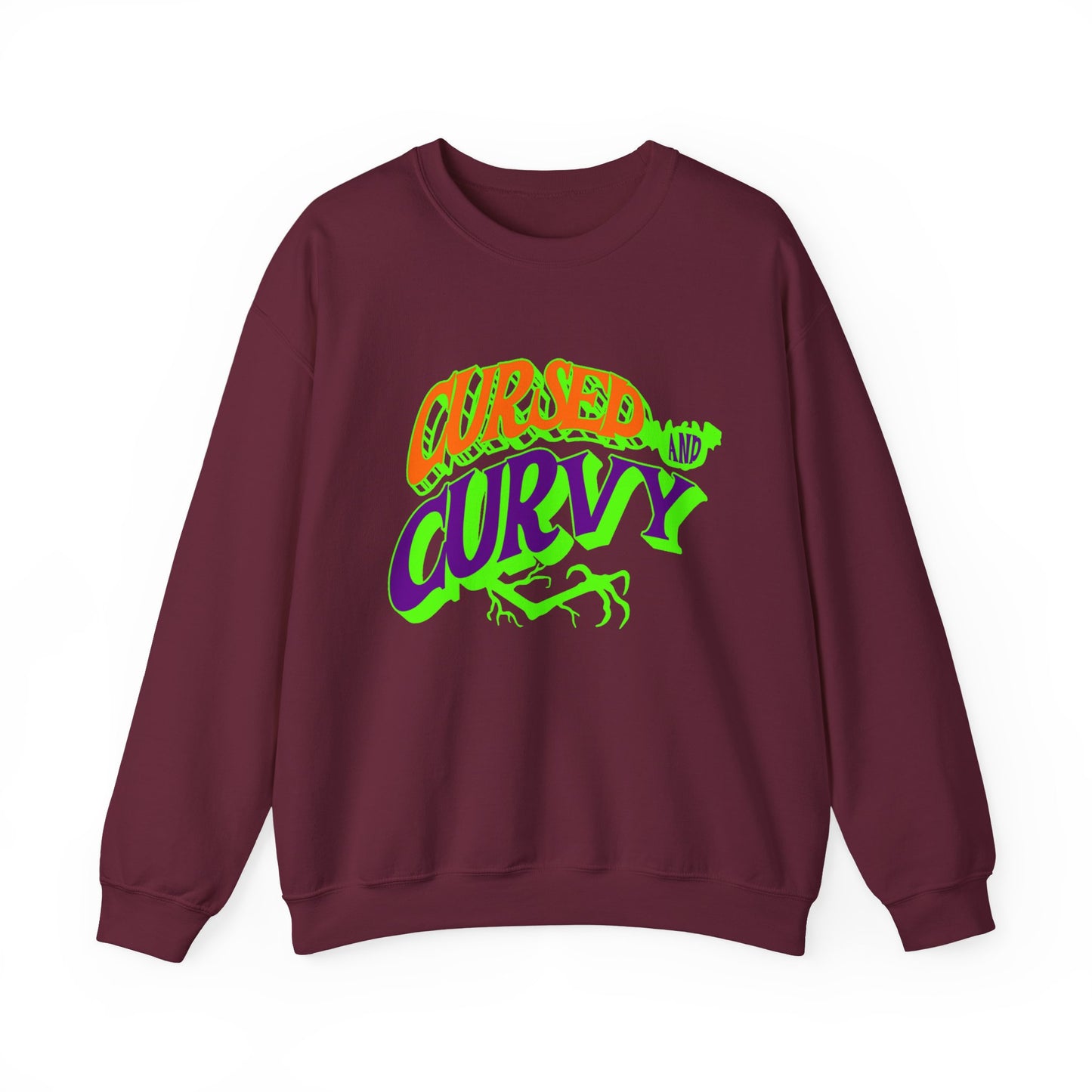 Cursed & Curvy Crewneck Sweatshirt, Comfortable Unisex Pullover, Trendy Casual Wear, Perfect for Halloween, Gift for Plus Size Lovers