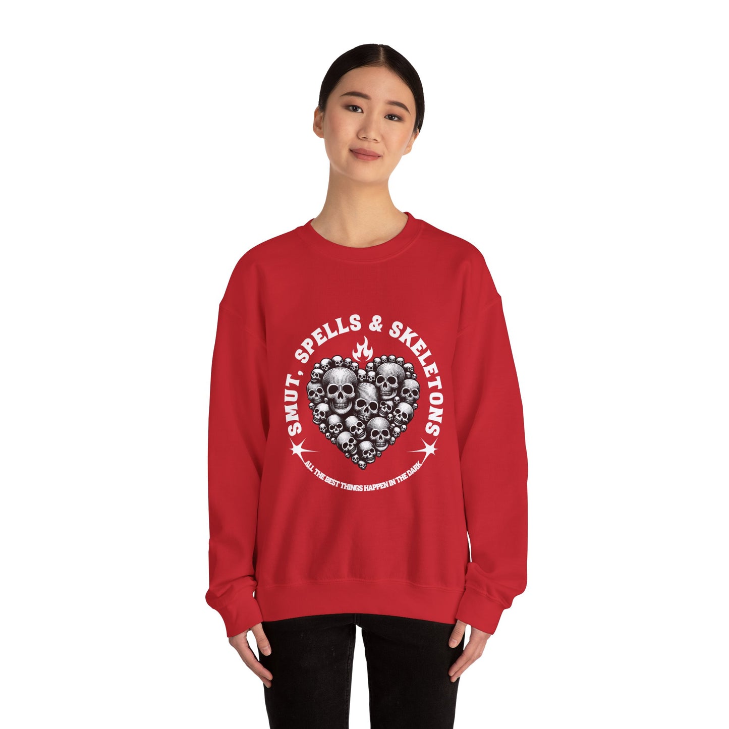 Smut, spells, and skeletons Crewneck Sweatshirt, Cozy Casual Wear, Perfect for Halloween, Gifts for Goth Lovers, Trendy Everyday Style