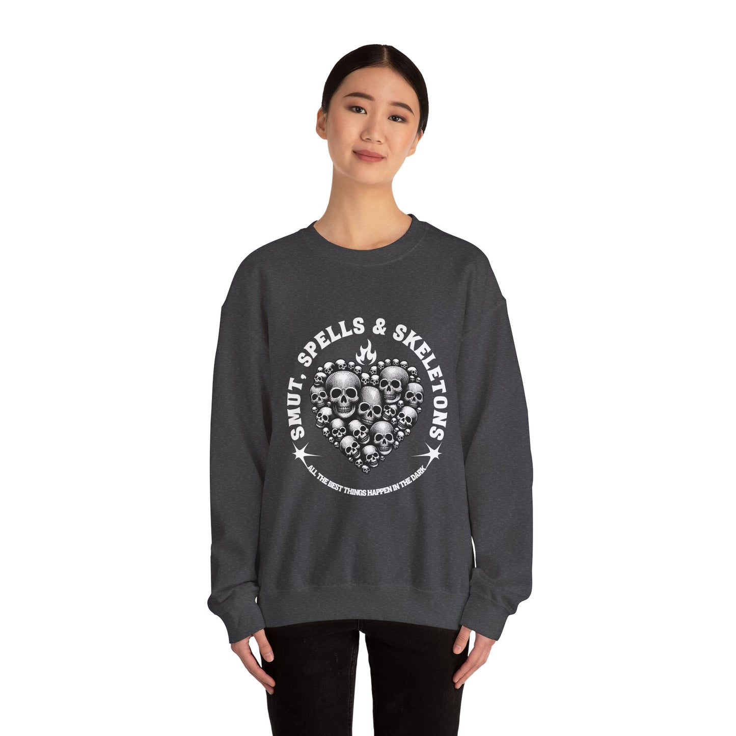 Smut, spells, and skeletons Crewneck Sweatshirt, Cozy Casual Wear, Perfect for Halloween, Gifts for Goth Lovers, Trendy Everyday Style