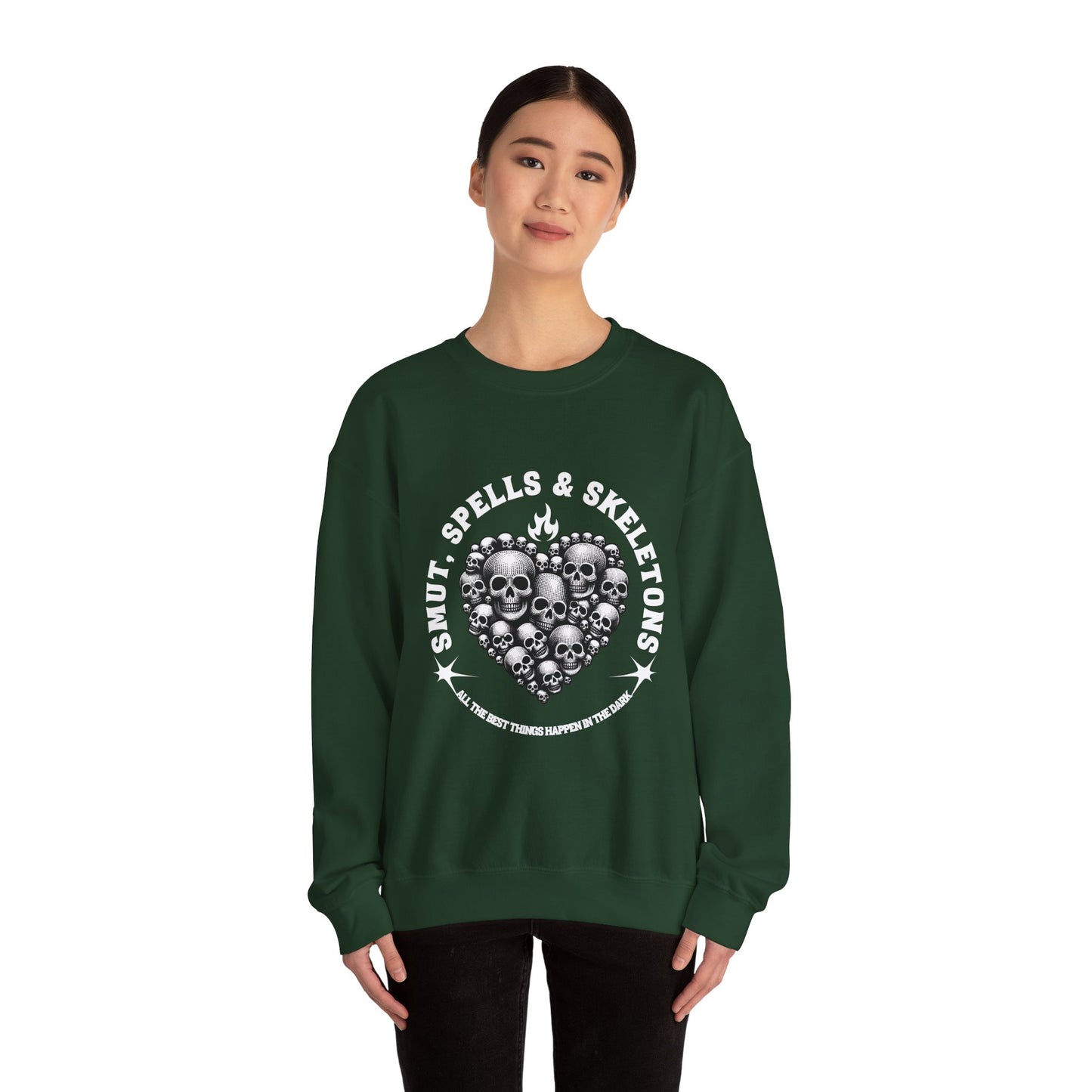 Smut, spells, and skeletons Crewneck Sweatshirt, Cozy Casual Wear, Perfect for Halloween, Gifts for Goth Lovers, Trendy Everyday Style