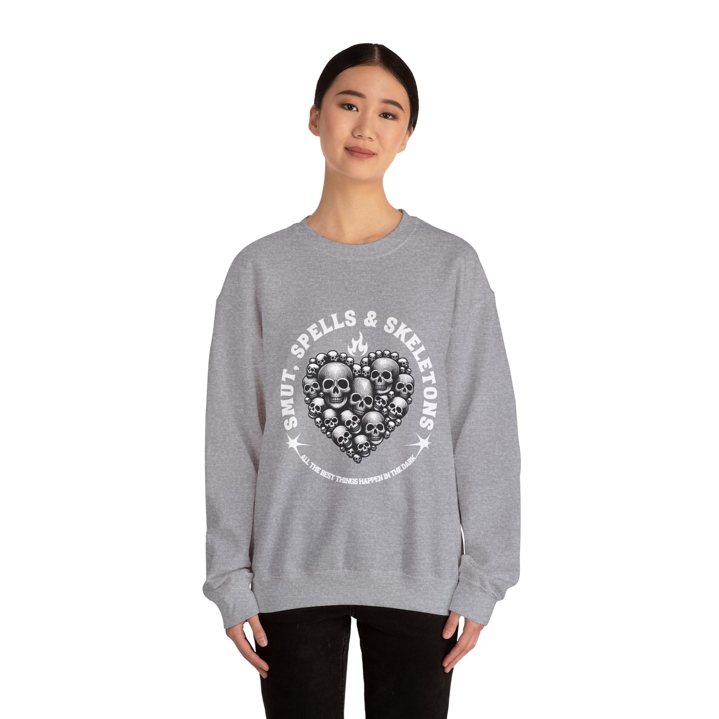 Smut, spells, and skeletons Crewneck Sweatshirt, Cozy Casual Wear, Perfect for Halloween, Gifts for Goth Lovers, Trendy Everyday Style