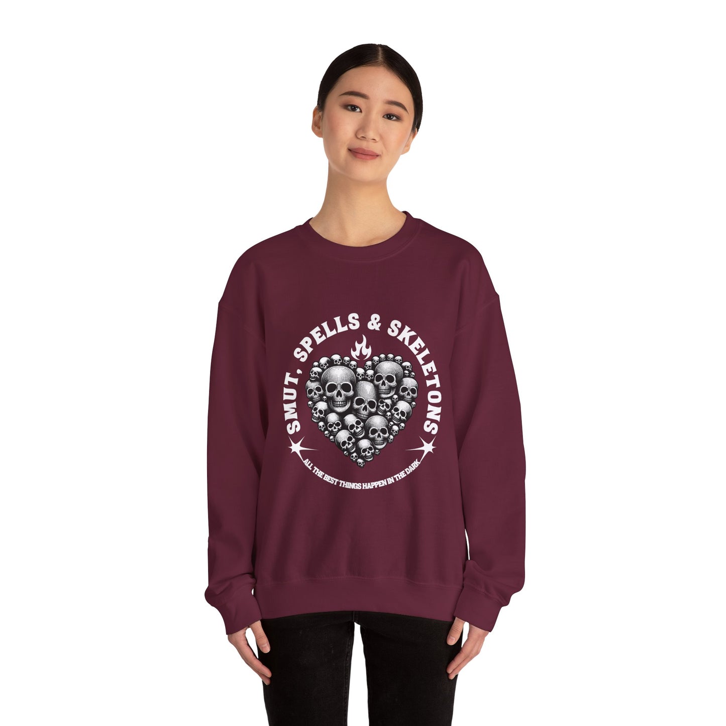 Smut, spells, and skeletons Crewneck Sweatshirt, Cozy Casual Wear, Perfect for Halloween, Gifts for Goth Lovers, Trendy Everyday Style
