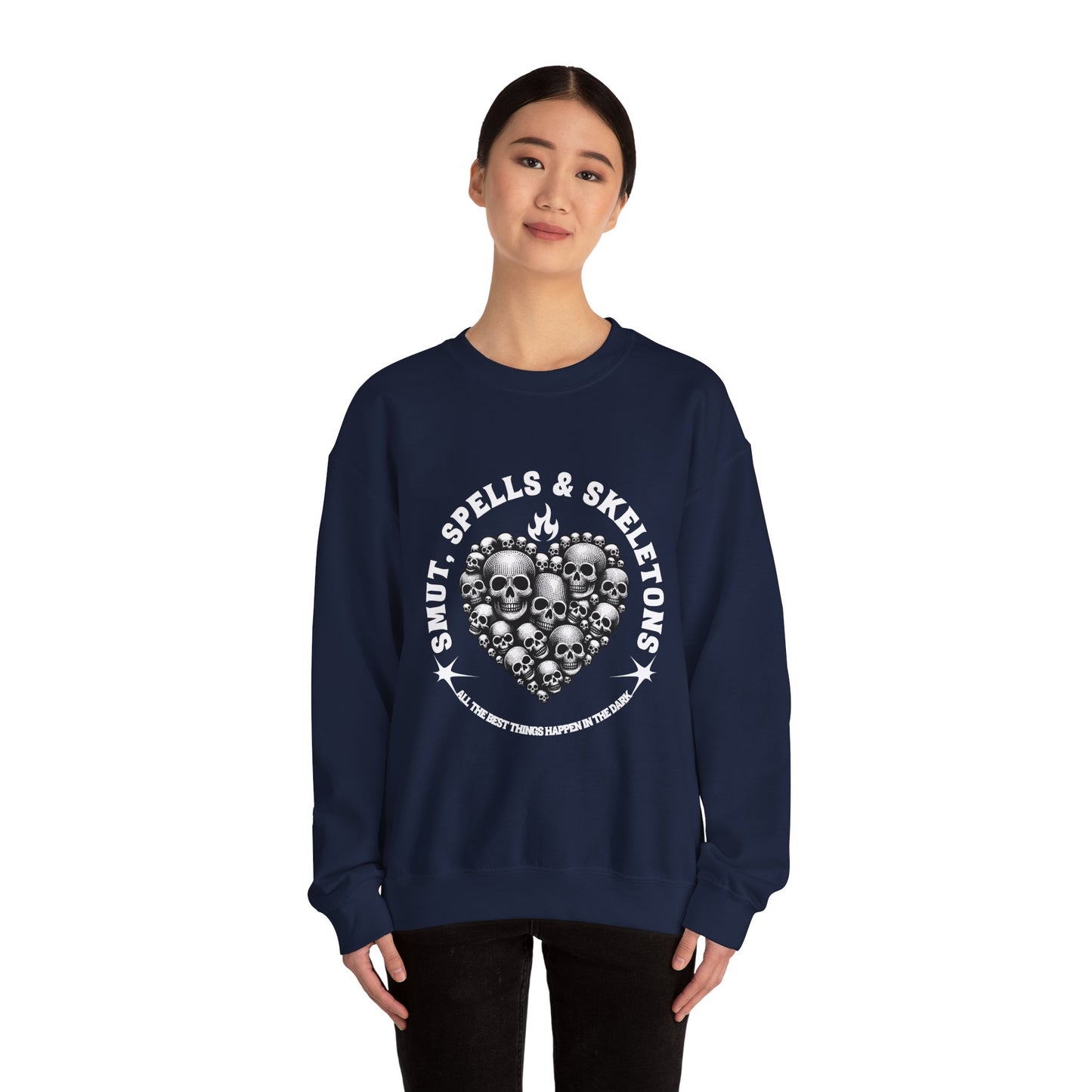 Smut, spells, and skeletons Crewneck Sweatshirt, Cozy Casual Wear, Perfect for Halloween, Gifts for Goth Lovers, Trendy Everyday Style