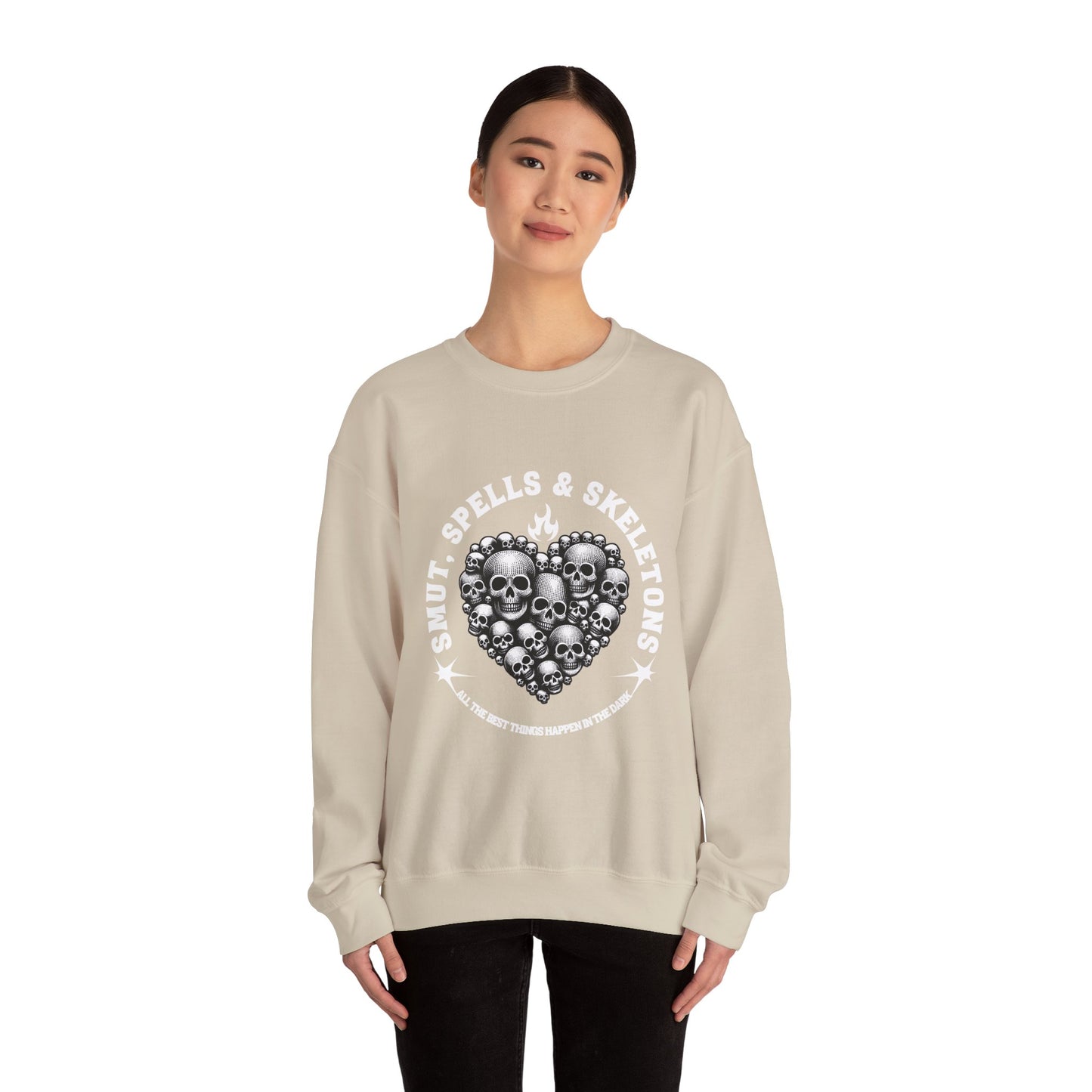Smut, spells, and skeletons Crewneck Sweatshirt, Cozy Casual Wear, Perfect for Halloween, Gifts for Goth Lovers, Trendy Everyday Style